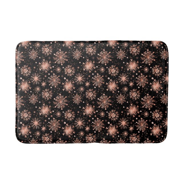Rose Gold Winter Snowflakes on Black Bath Mat (Front)