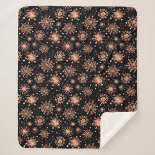 Rose Gold Winter Snowflakes on Black Sherpa Blanket