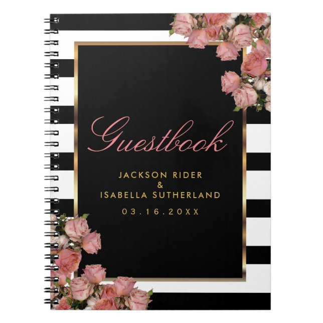 Rose Gold with Black and White Stripes - Guestbook Spiral Notebook (Front)
