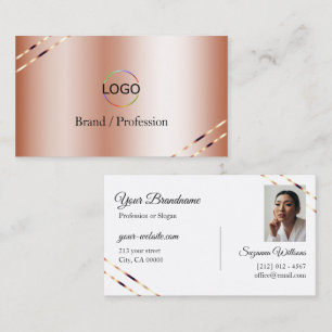 Rose Gold with Shimmery Lines Logo and Photo  Business Card