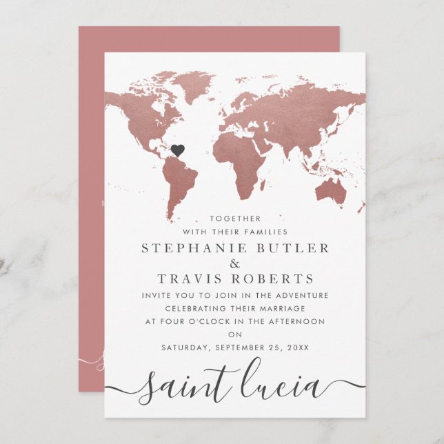 Rose Gold World Map Travel Theme Wedding Invitation (Front/Back)