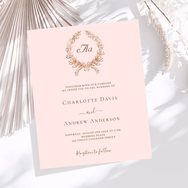 Rose gold wreath monogram wedding invitation (Creator Uploaded)