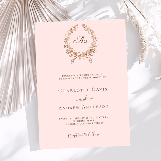 Rose gold wreath monogram wedding invitation (Creator Uploaded)