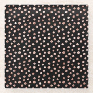 Rose Golden Pink Bright Bronze Dots Black Chic Glass Coaster