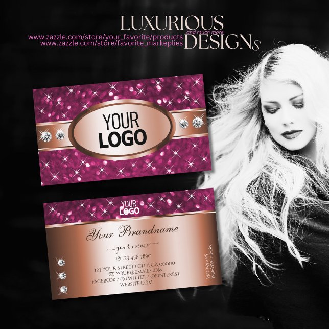 Rose Golden Pink Glitter Sparkle Diamonds and Logo Business Card (Creator Uploaded)