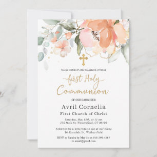 Rose Green Foliage Cross First Communion Invitation