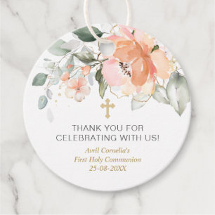 Rose Green Foliage First Communion Baptism Favour Tags