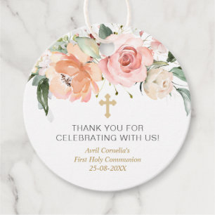 Rose Green Foliage First Communion Baptism Favour Tags