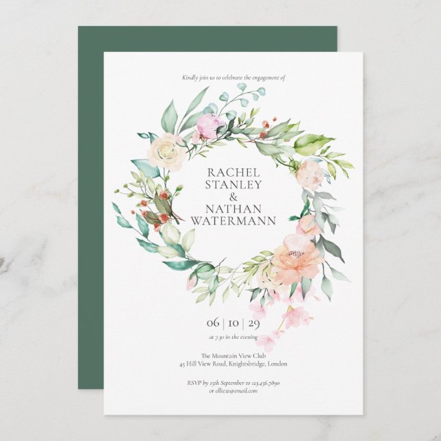 Rose Greenery Watercolour Garland Engagement Party Invitation (Front/Back)
