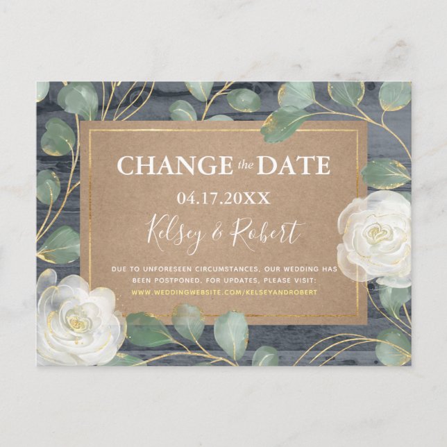 Rose Greenery Wood Rustic Wedding Change the Date Announcement Postcard (Front)