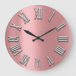 Rose Grey Grey Metal Grey Silver Roman Number Large Clock