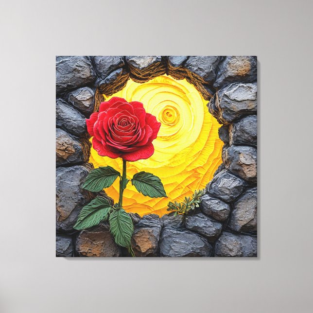 Rose growing out of a hole in a stone wall canvas print (Front)