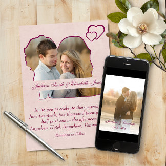 Rose Hearts Bride and Groom Shape Photo Wedding Invitation