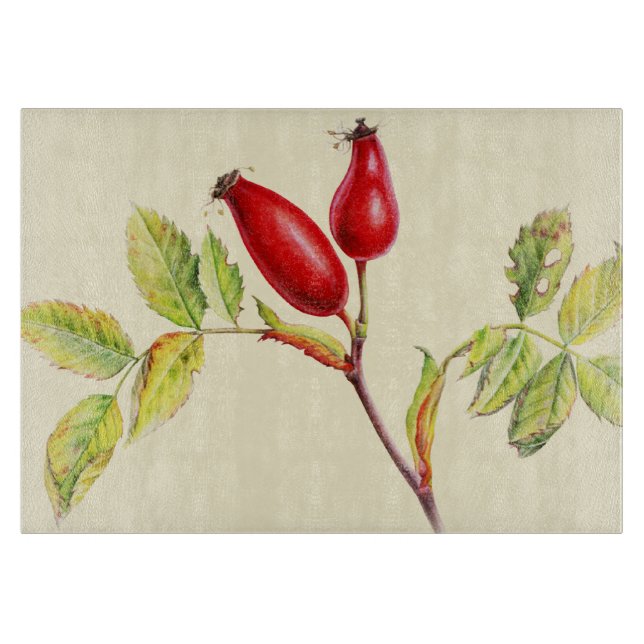 Rose hip fine art glass cutting board (Front)