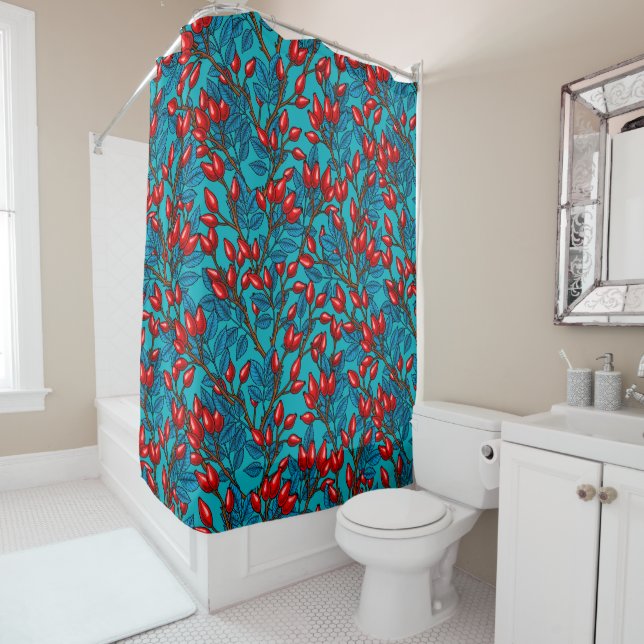 Rose hips, red and blue shower curtain (In Situ)