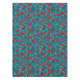 Rose hips, red and blue tablecloth