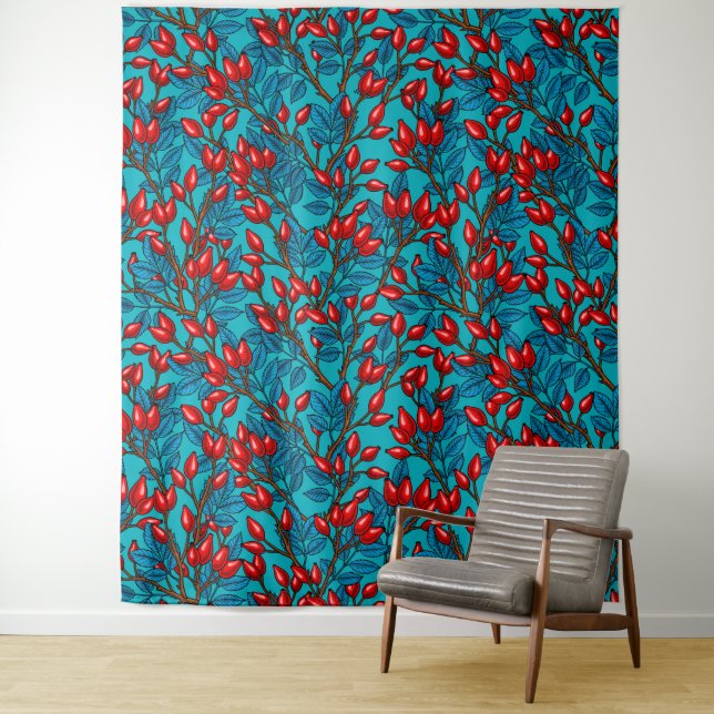 Rose hips, red and blue tapestry (In Situ)