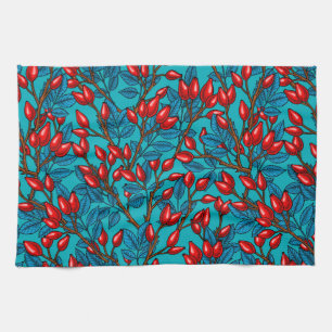 Rose hips, red and blue tea towel