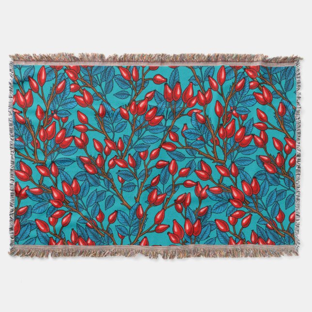Rose hips, red and blue throw blanket (Front)