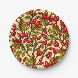 Rose hips, red, green, yellow paper plate