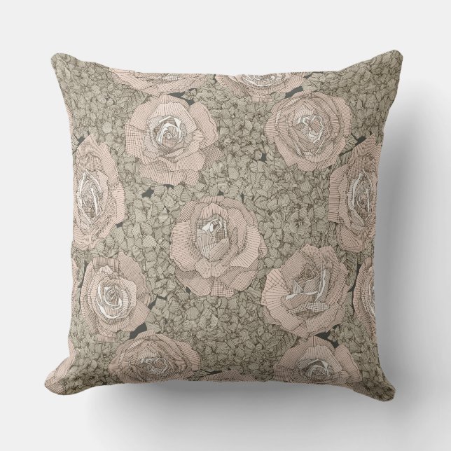 rose hydrangea floral pale peach tea dark cushion (Front)