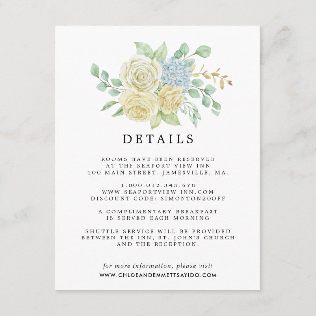 Rose Hydrangea Floral Wedding Guest Details Enclosure Card (Front)