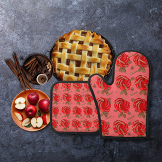 Rose-inspired apples and spices pink oven mitt & pot holder set