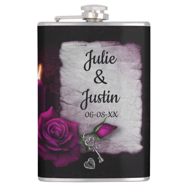 Rose, Key and Heart Hip Flask (Front)