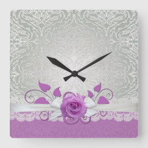 Rose Lace Silver/Purple Damask Clock