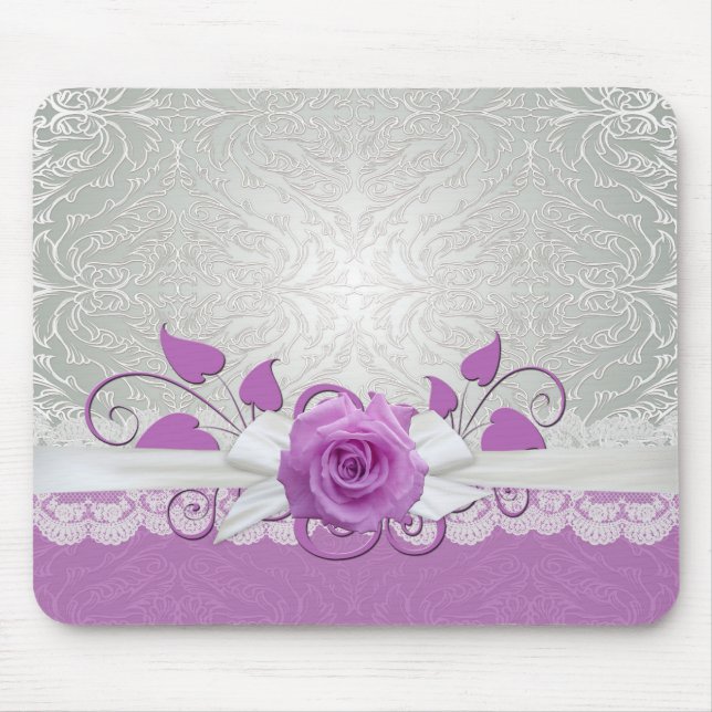 Rose Lace Silver/Purple Damask Mousepad (Front)