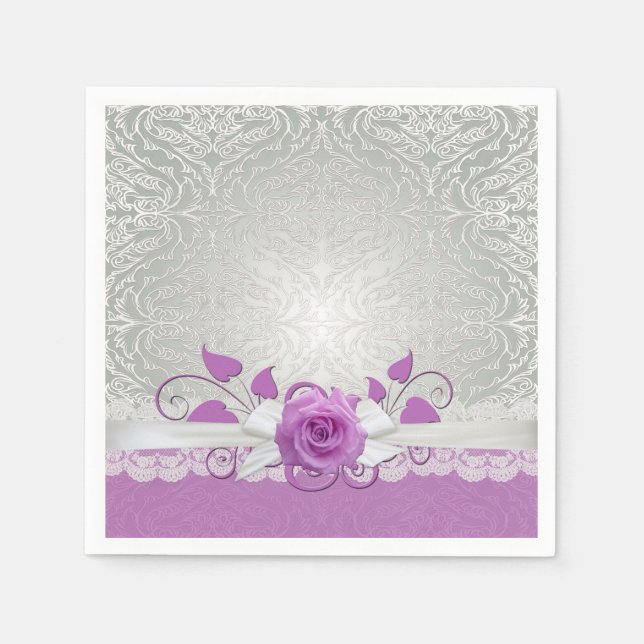 Rose Lace Silver/Purple Damask Napkins (Front)