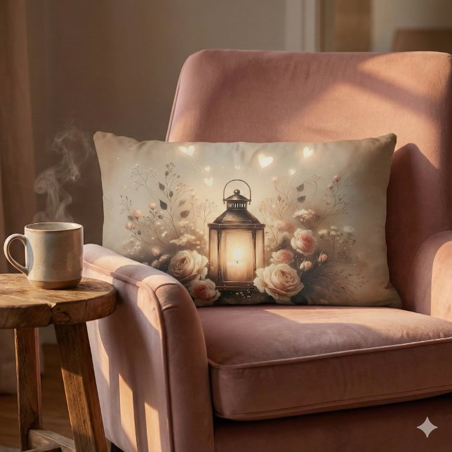 Rose Lantern Glow Bouquet Lumbar Cushion (Rose Lantern Glow Bouquet Lumbar Pillow Mockup A)