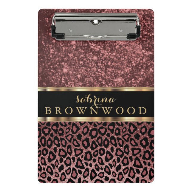 Rose Leopard Skin Pattern and Rose Glitter Mini Clipboard (Front)