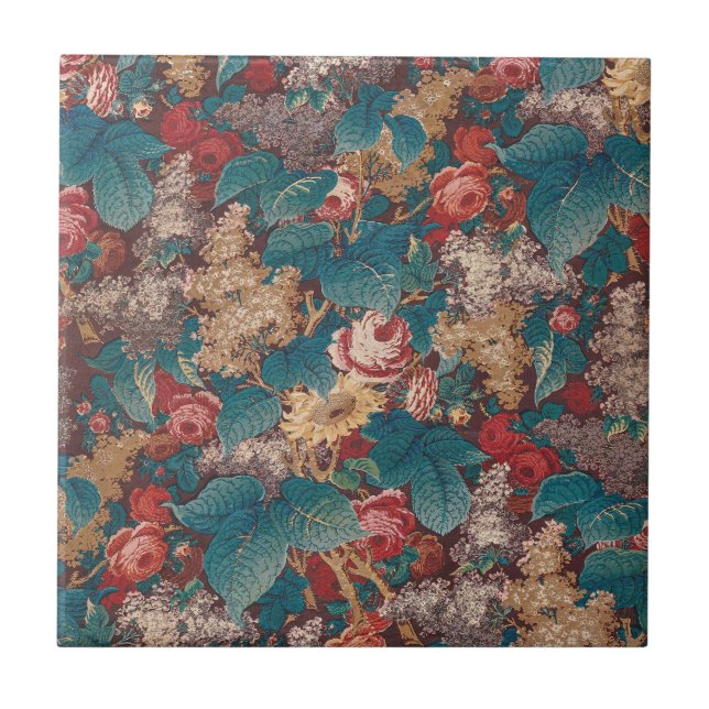 Rose, Lilac, Large Leaves Pattern Vintage Garden Tile (Front)