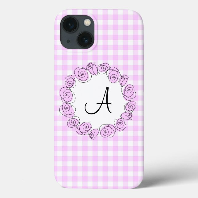 Rose Lilac Monogram check iPad Mini case vertical (Back)