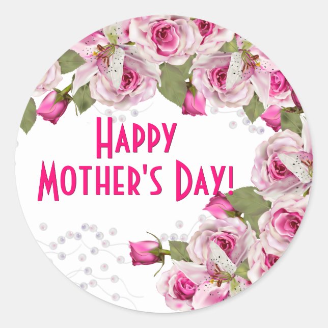 Rose Lily Pearl Pink Mother's Day Classic Round Sticker (Front)