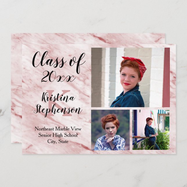Rose Marble 3 Photo School Graduation Announcement (Front/Back)