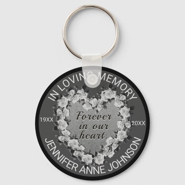 Rose Memorial Heart in Black and White Key Ring (Front)