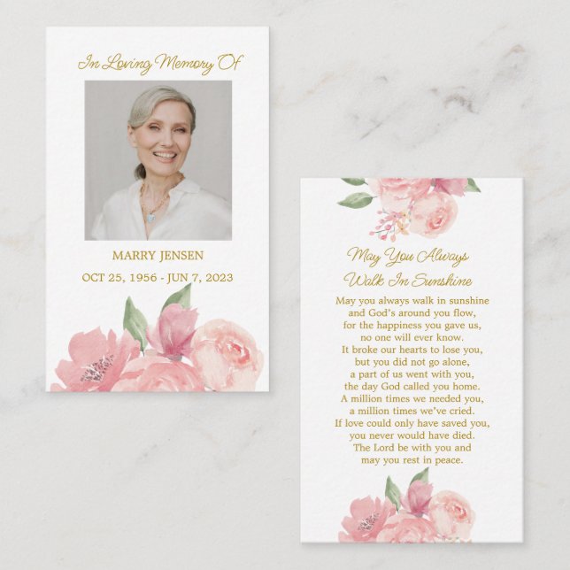 Rose Memorial Photo Funeral Prayer Card (Front/Back)