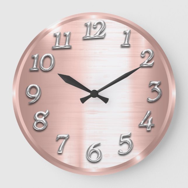Rose Metallic Arabic Numbers Silver Gray Large Clock (Front)