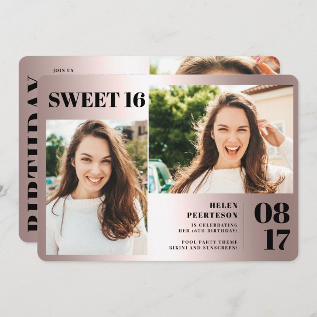 Rose metallic bold 3 photos Sweet 16 birthday Invitation (Front/Back)
