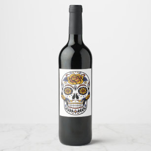 Rose Mexican Sugar Skull Day of the Dead Wine Label