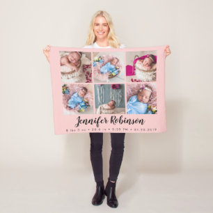 Rose Monogrammed Birth Stat Announcement Photo Fleece Blanket