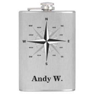 Rose of the Winds Compass and Brushed Aluminium Hip Flask