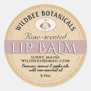 Rose on Kraft Beeswax Lip Balm with Dotted Border Classic Round Sticker