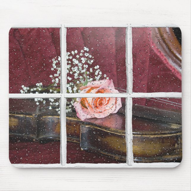 rose on violin in wet window mouse pad (Front)