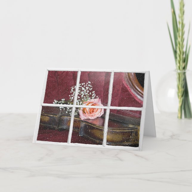 rose on violin in window with rain card (Front)