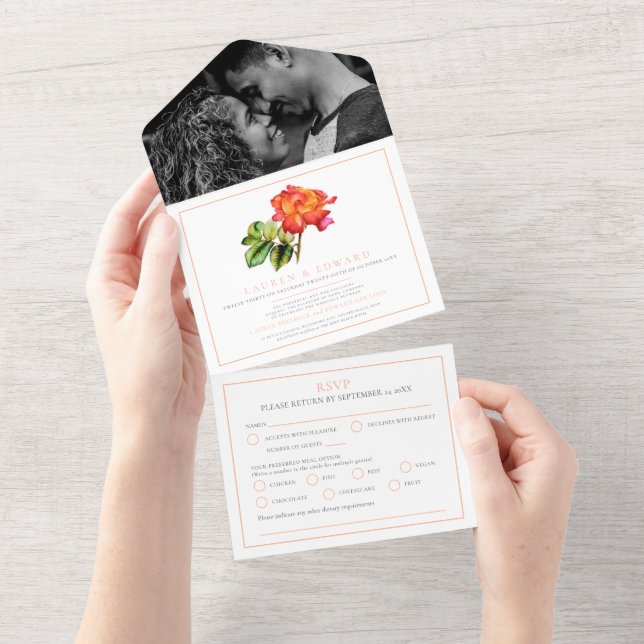Rose orange stripe watercolor wedding RSVP options All In One Invitation (Tearaway)