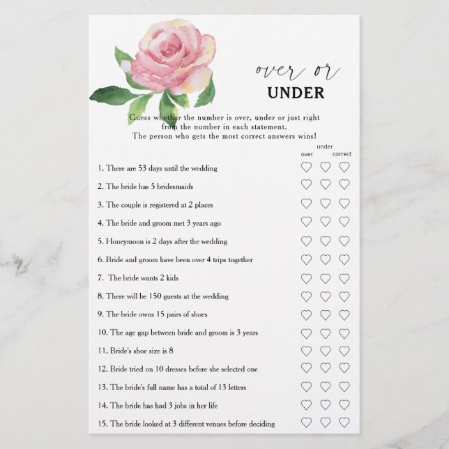 Rose - Over or under bridal shower game (Front)