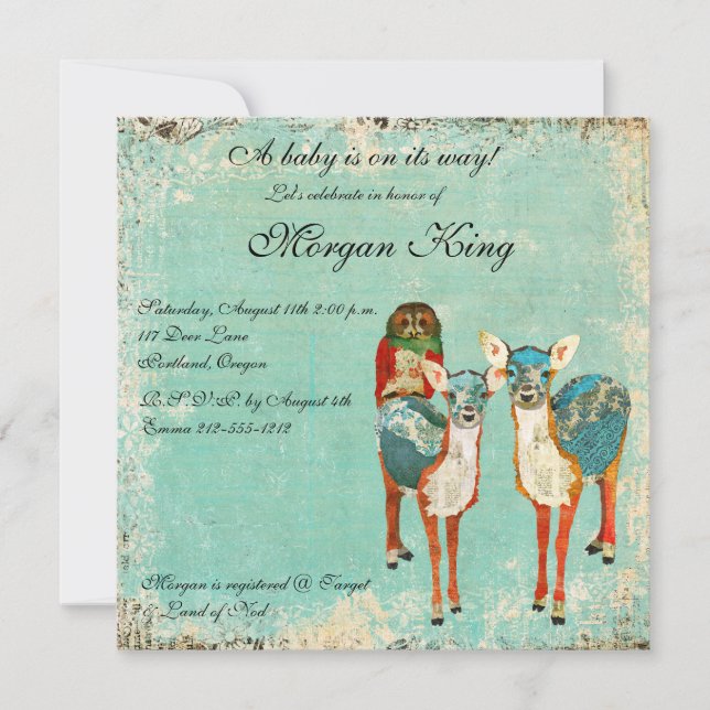 Rose Owl & Azure Deer Baby Shower Invitation (Front)